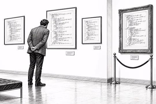 A man seen from behind, hands clasped, studies framed pages of handwritten code hanging in an art gallery like paintings, the largest in a gilt frame behind a velvet rope.