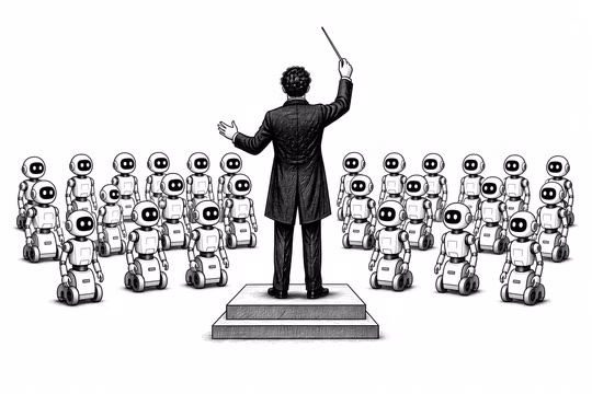 A conductor in tails, seen from behind on a podium with his baton raised, facing an orchestra made entirely of small wheeled robots.